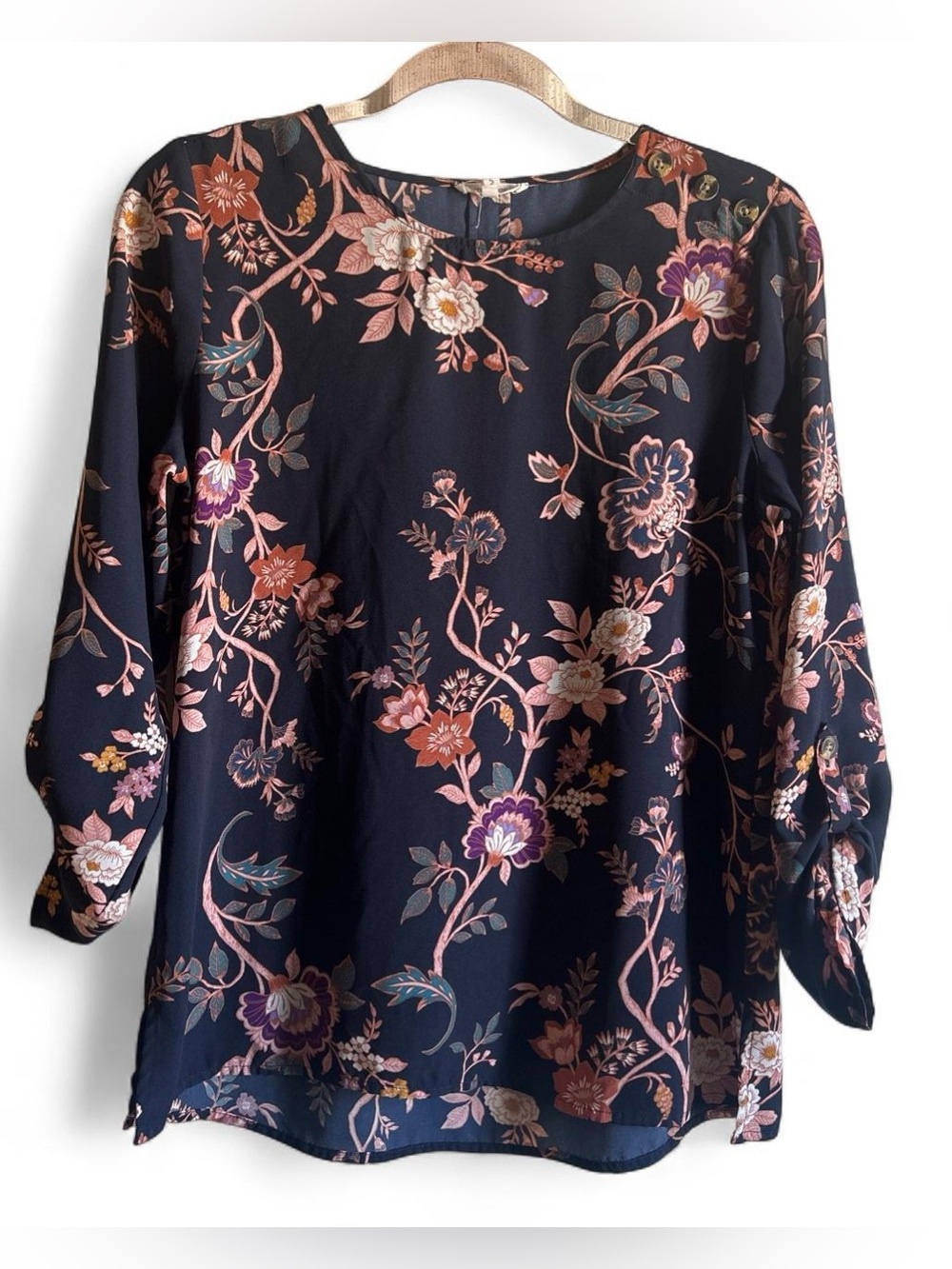 Maurices Navy Floral Blouse with Pink and Purple Accents size small